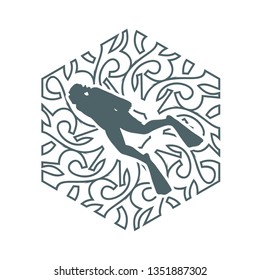 Silhouette of diver. Outline web icon of diver in the ornamental frame. The concept of sport diving.