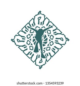 Silhouette of diver. Outline web icon of diver in the ornamental frame. The concept of sport diving.