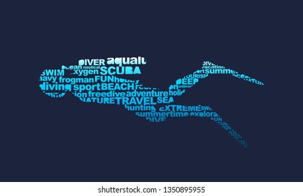 Silhouette of diver from relative words cloud. Icon diver. The concept of sport diving.