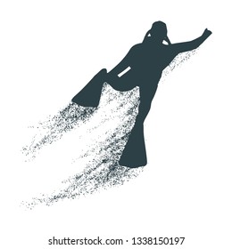 Silhouette of diver with trail of particles. The concept of sport diving.