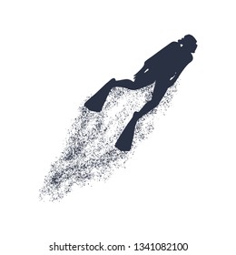 Silhouette of diver with trail of particles. The concept of sport diving.