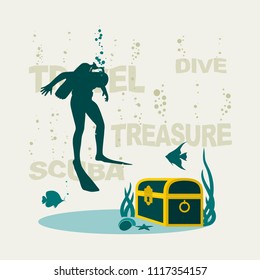 Silhouette of diver. Underwater world background. Underwater landscape with treasure chest and sea animals. Sinking words