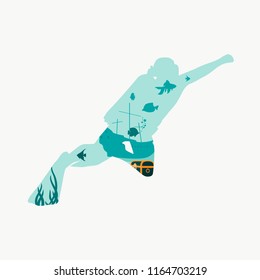 Silhouette of diver. Underwater world background. Underwater landscape with sunken ship and treasure chest. Marine life and fauna. Double exposure design