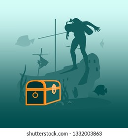 Silhouette of diver. Underwater world background. Underwater landscape with sunken ship and treasure chest. Marine life and fauna.