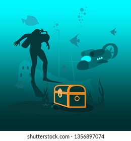 Silhouette of diver. Underwater world background. Underwater landscape with sunken ship and treasure chest. Marine life and scientific bathyscaphe