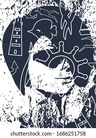 Silhouette of diver. Underwater world background. Double exposure portrait of young woman and diving icons. Marine life