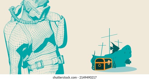 Silhouette of diver. Underwater world background. Underwater landscape with sunken ship and treasure chest. Marine life and fauna.