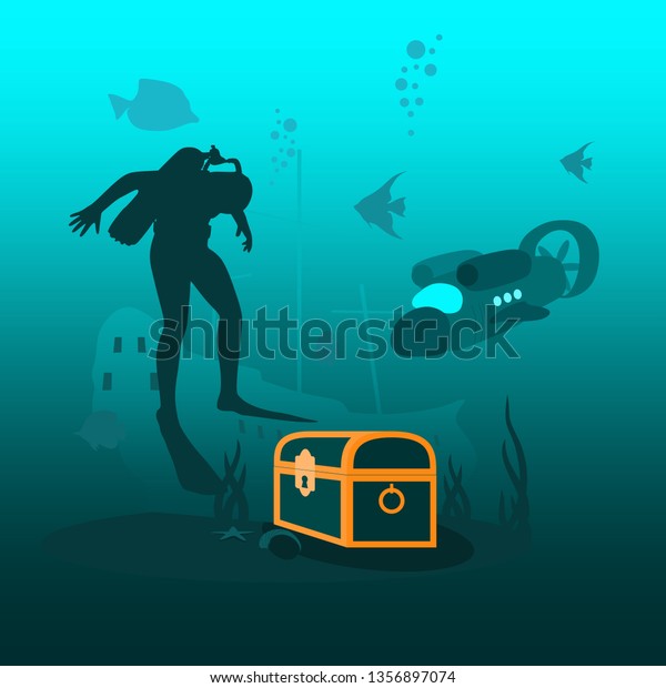 Silhouette Diver Underwater World Background Underwater Stock Vector ...