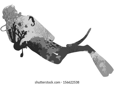 silhouette of diver. within the seabed marine inhabitants, corals and algae. black and white, vector illustration, white background