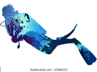 silhouette of diver. within the seabed marine inhabitants, corals and algae.vector illustration, white background