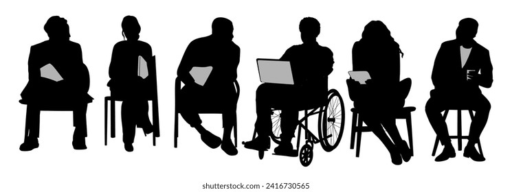 Silhouette of diverse business men, women sitting 