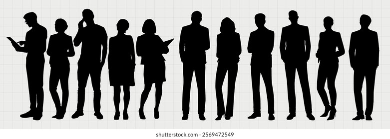 Silhouette of diverse business people, men and women, standing in a row. Professional silhouettes, business attire, diverse group of silhouettes. People silhouettes, vector set.