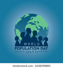 Silhouette of diverse people in front of a globe illustration for World Population Day, observed on July 11, raising awareness about global population issues.