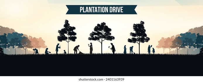 Silhouette of diverse people planting trees against a sunset, symbolizing reforestation and ecology for World Environment Day, Earth Day, and garden concepts.