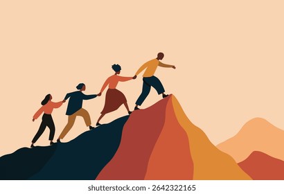 Silhouette of diverse youth climbing mountain teamwork vector art bold minimal illustration