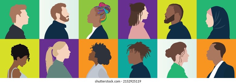 Silhouette of diversity people profile view. business co-workers and colleagues. Community of friends. Cooperation and collaboration. Teamwork partnership organization. vector background