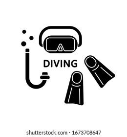 Silhouette Diving poster. Flippers, snorkel tube, mask. Set of outline scuba icon. Black simple illustration for equipment rental, swimming lessons. Flat isolated vector image on white background