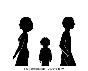 Silhouette de pareja de divorcio con hijo ignorado.