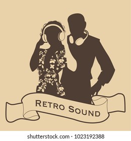 Silhouette of DJ couple retro style with headphones and ribbon on the foreground