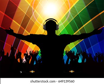 Silhouette of a DJ and Crowd with Record Decks Over Multicoloured Background with Lens Flares
