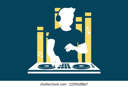 Silhouette of a DJ wearing headphones and scratching a record on the turntable.
