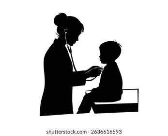 silhouette of doctor examining child patient isolated with white background 