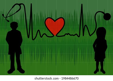 silhouette Doctor and female doctor with an electrocardiogram vector design