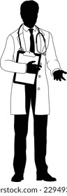 Silhouette doctor man medical healthcare person in a lab coat holding a clipboard.