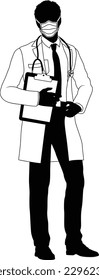 Silhouette doctor man medical healthcare person. In a lab coat and PPE mask holding a clipboard.