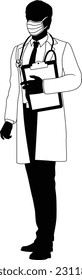 Silhouette doctor man medical healthcare person. In a lab coat and PPE mask holding a clipboard.