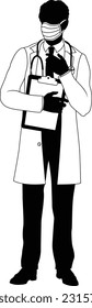 Silhouette doctor man medical healthcare person. In a lab coat and PPE mask holding a clipboard.