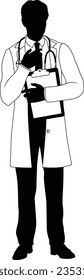 Silhouette doctor man medical healthcare person in a lab coat holding a clipboard.