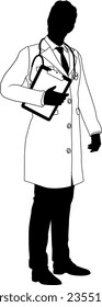 Silhouette doctor man medical healthcare person in a lab coat holding a clipboard.