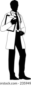 Silhouette doctor man medical healthcare person in a lab coat holding a clipboard.