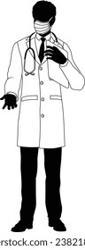 Silhouette doctor man medical healthcare person. In a lab coat and PPE mask holding a clipboard.