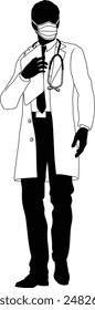 Silhouette doctor man medical healthcare person. In a lab coat and PPE mask holding a clipboard.