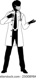Silhouette doctor man medical healthcare person. In a lab coat and PPE mask holding a clipboard.