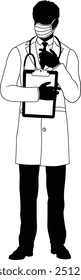 Silhouette doctor man medical healthcare person. In a lab coat and PPE mask holding a clipboard.