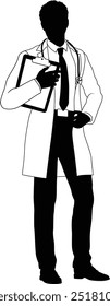 Silhouette doctor man medical healthcare person in a lab coat holding a clipboard.