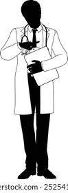 Silhouette doctor man medical healthcare person in a lab coat holding a clipboard.