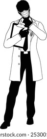 Silhouette doctor man medical healthcare person. In a lab coat and PPE mask holding a clipboard.