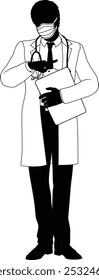 Silhouette doctor man medical healthcare person. In a lab coat and PPE mask holding a clipboard.