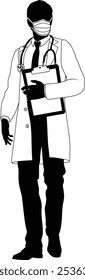 Silhouette doctor man medical healthcare person. In a lab coat and PPE mask holding a clipboard.