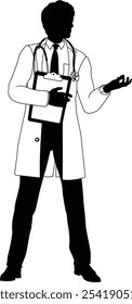 Silhouette doctor man medical healthcare person in a lab coat holding a clipboard.