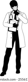 Silhouette doctor man medical healthcare person in a lab coat and ppe mask holding a clipboard.