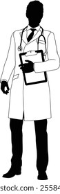 Silhouette doctor man medical healthcare person in a lab coat holding a clipboard.