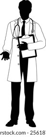 Silhouette doctor man medical healthcare person in a lab coat holding a clipboard.