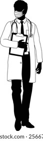 Silhouette doctor man medical healthcare person. In a lab coat and PPE mask holding a clipboard.