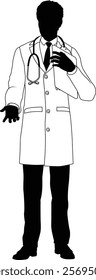 Silhouette doctor man medical healthcare person in a lab coat holding a clipboard.