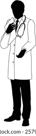 Silhouette doctor man medical healthcare person in a lab coat holding a clipboard.